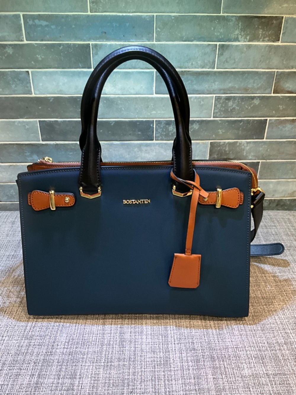 BOSTANTEN Navy and Brown Leather Satchel - Picture 5 of 14